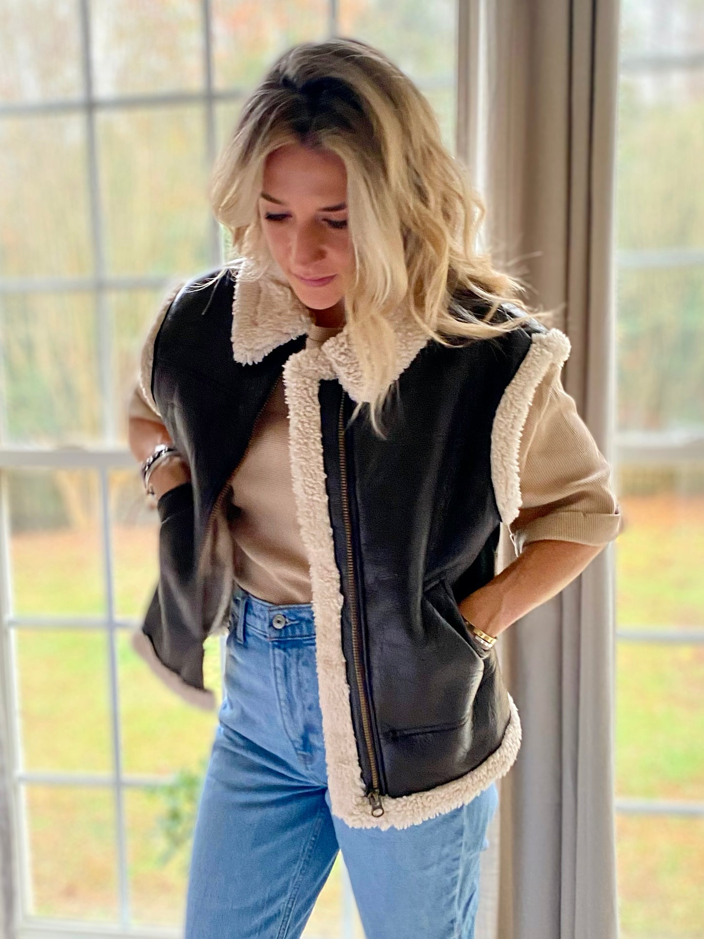Good Behavior Faux Leather Shearling Vest