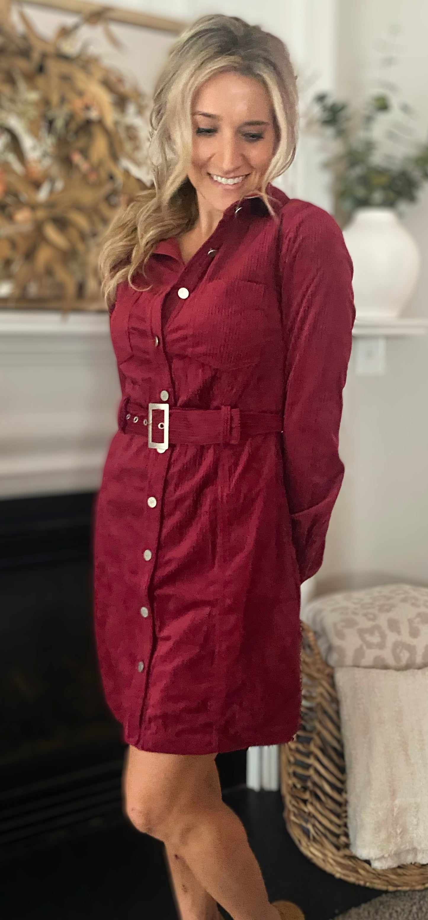 In a Merlot Minute Corduroy Shirt Dress