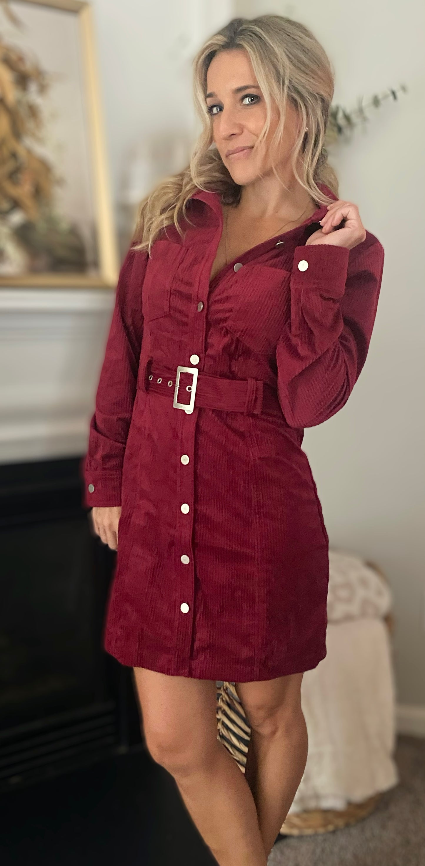 In a Merlot Minute Corduroy Shirt Dress