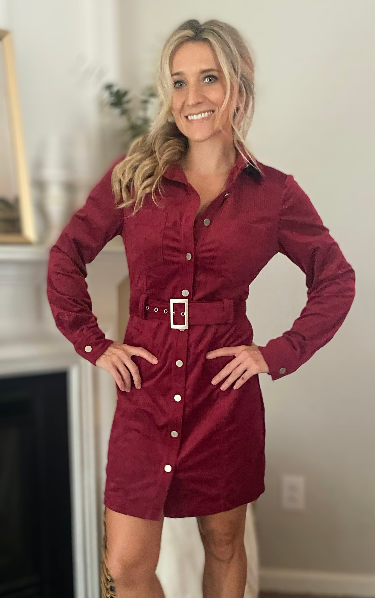 In a Merlot Minute Corduroy Shirt Dress