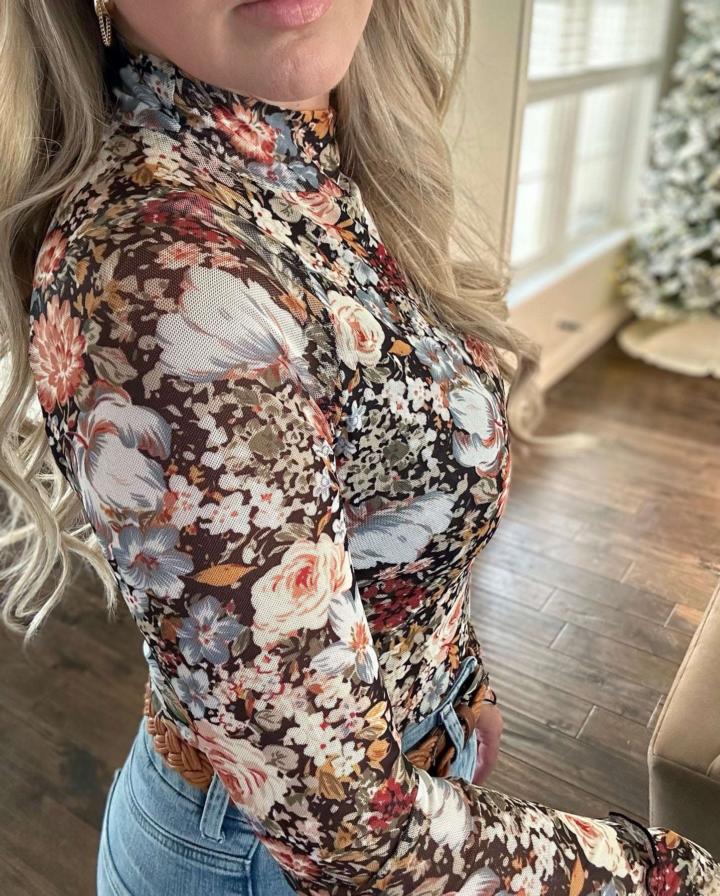 For You I Will Floral Mesh Mock Neck Top