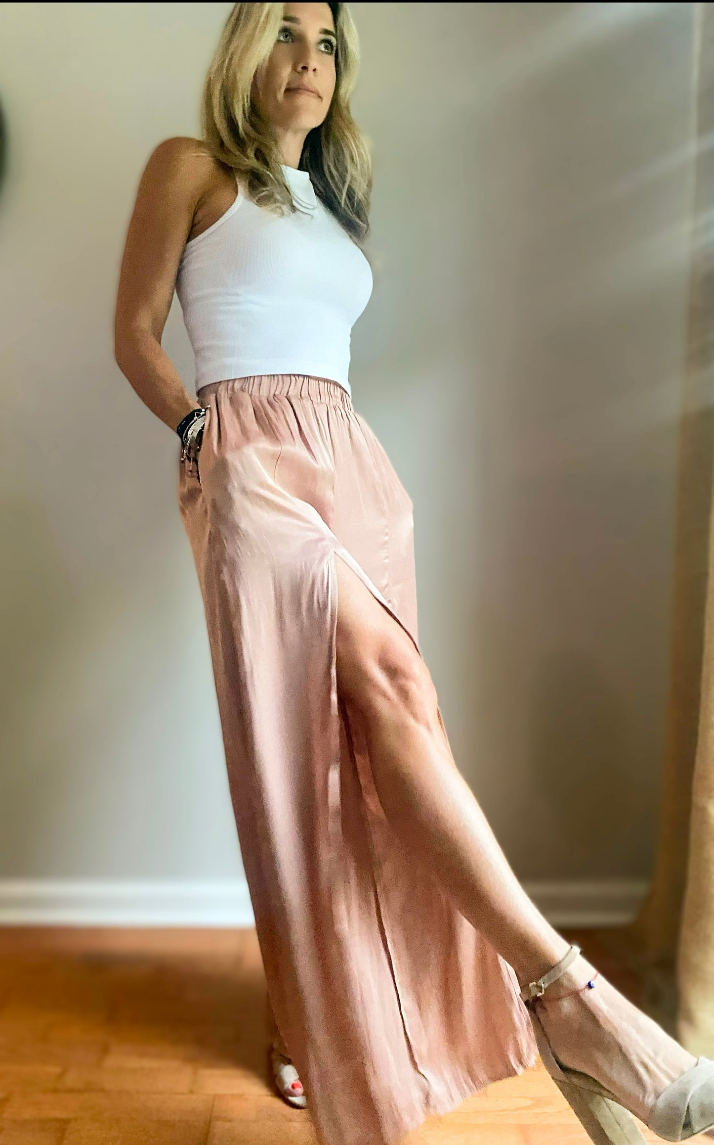 Chasin' A Feeling Satin Front Slit Trousers
