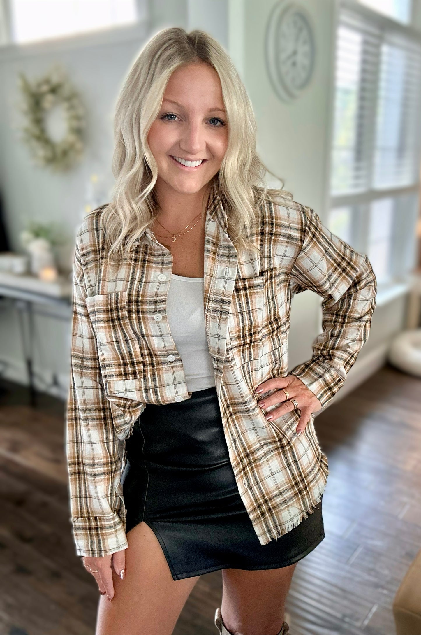 Thanks a Latte Checker Plaid Button Down