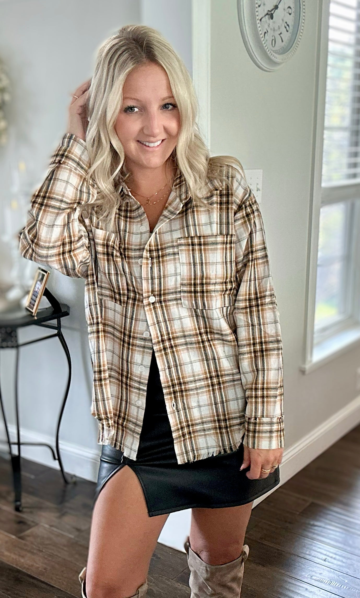 Thanks a Latte Checker Plaid Button Down