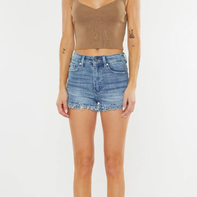 Kan Can High Rise Fray Hem Denim Shorts