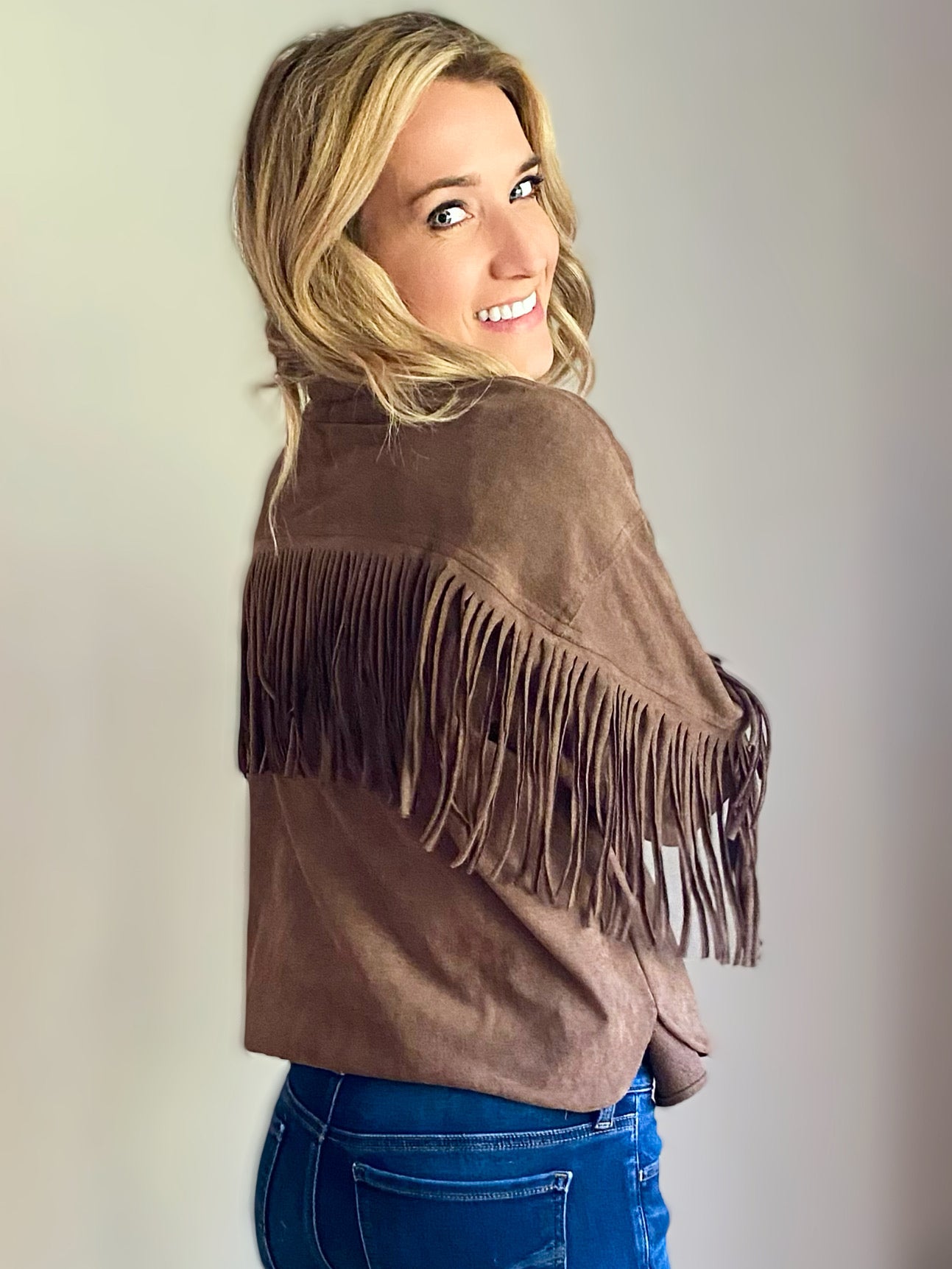 Faux suede hot sale fringe cardigan