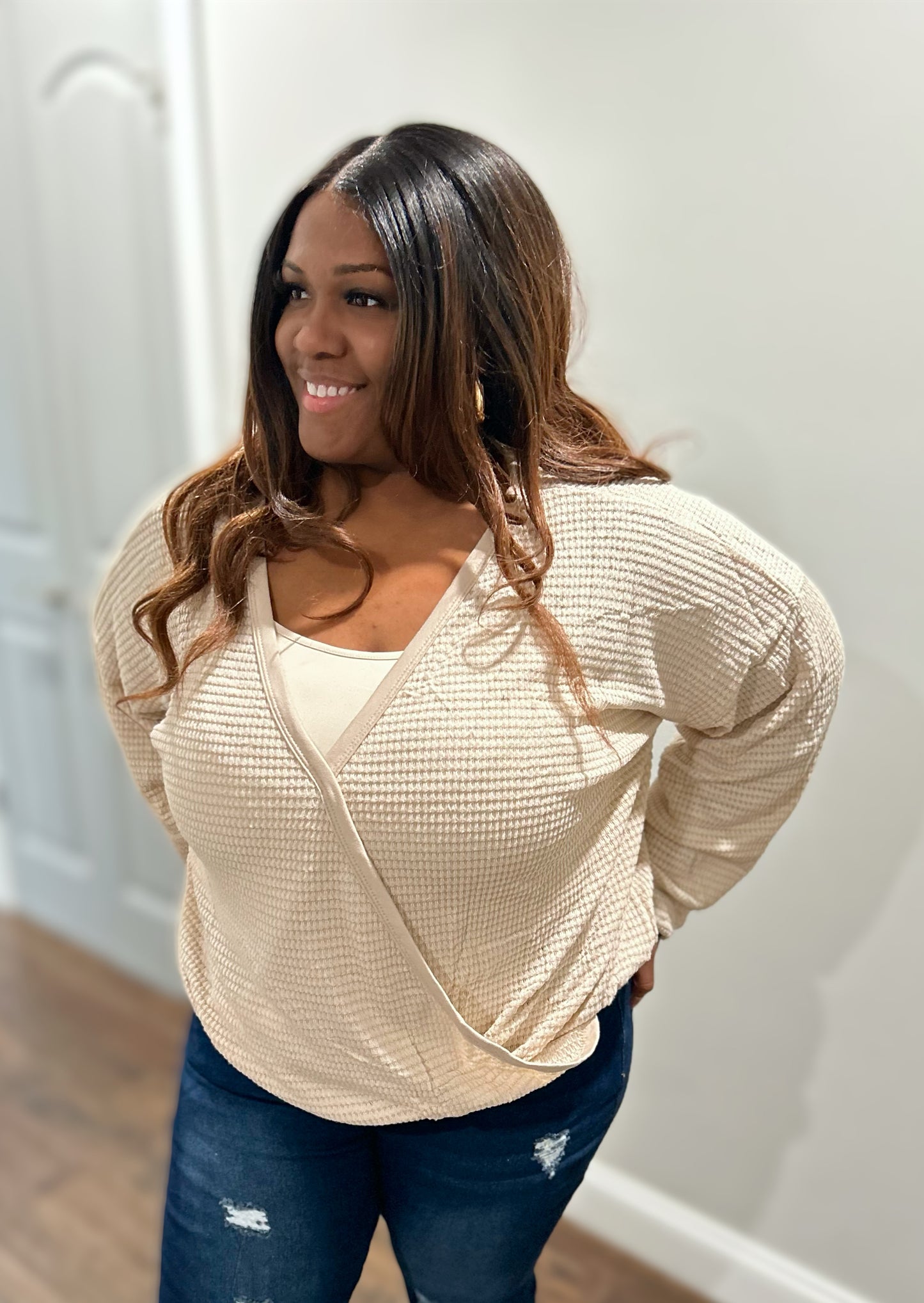 Meet Me In The Middle Plus Size Crossover Waffle Top