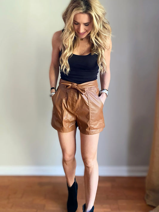 American Honey Faux Leather Shorts with Waist Ribbon